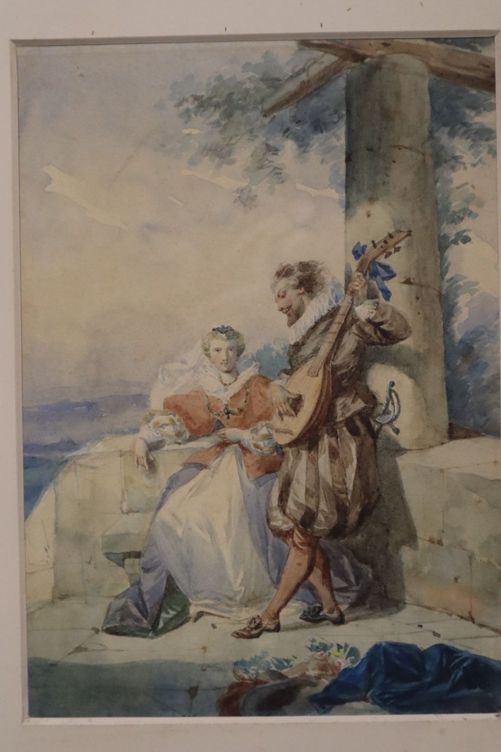 Francis Philip Stephanoff (1788-1860), 16th century figures on a terrace, watercolour, 22 x 15cm
